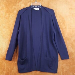 ST JOHN Womens Sweater Small Navy Cardigan Open Oversized Santana Knit Pockets